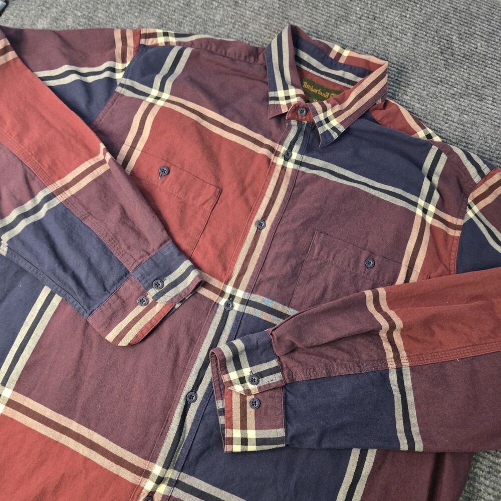 Timberland Flannel Shirt Mens XL Red Navy Plaid Long Sleeve Button Up Casual